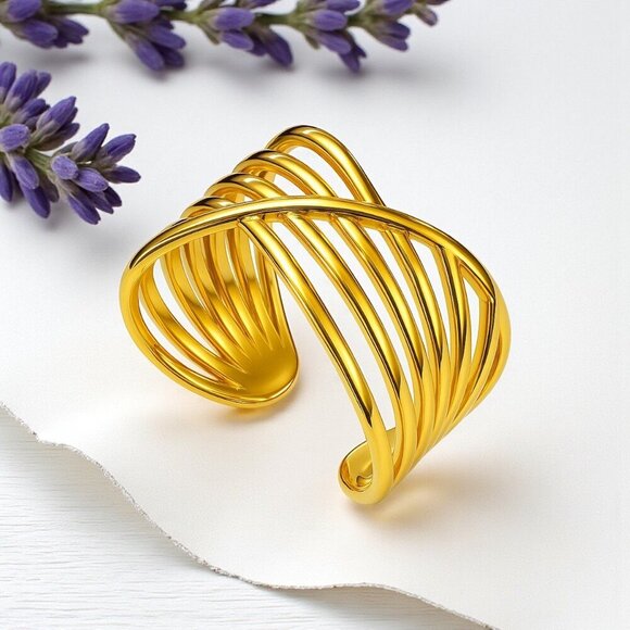 🆕 Modern Chic Crisscross Ring 18K Gold Plated Stainless Steel Adjustable Band - Picture 11 of 15